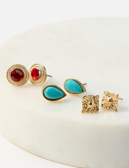 Whistle Accessories Multi Stone Earring Set, 3-Pack. Gold Tone product photo