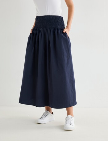 Whistle Shirred Waist Poplin Skirt, Midnight product photo