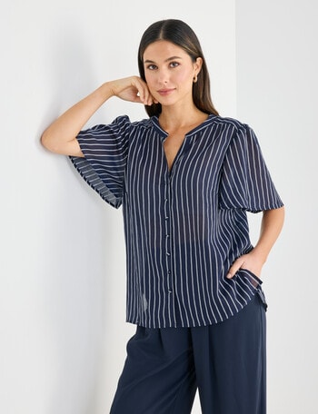 Whistle Stripe Button Blouse, Navy & White product photo