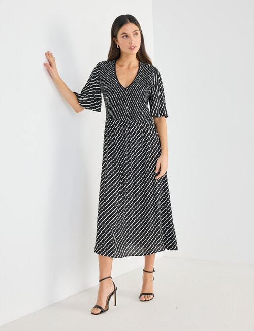Whistle V-Neck Shirred Front Dress, Black & Ecru product photo View 03 L