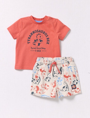 Teeny Weeny Dino Shorts & Tee, 2-Piece Set, Beige & Orange product photo