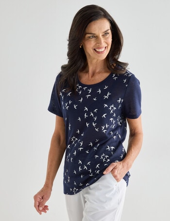 Ella J Swallow Foil Print Short Sleeve Tee, Navy product photo