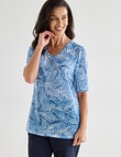 Ella J Leaf Short Sleeve V-Neck Textured Tee, Blue product photo