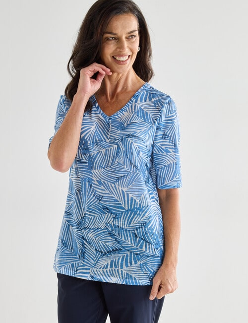 Ella J Leaf Short Sleeve V-Neck Textured Tee, Blue product photo