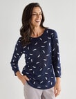 Ella J Feather 3/4 Sleeve Textured Tee, Navy product photo