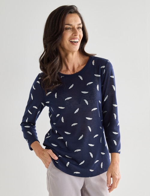 Ella J Feather 3/4 Sleeve Textured Tee, Navy product photo