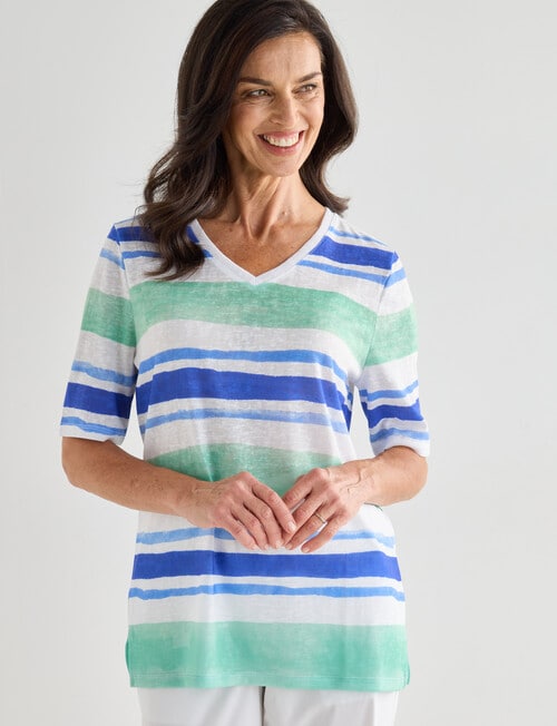 Ella J Stripe Short Sleeve V-Neck Textured Tee, Blue & Green product photo