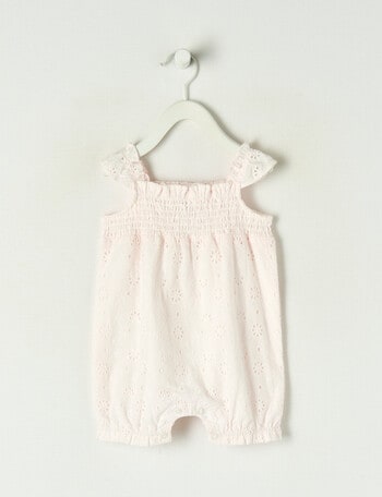 Teeny Weeny Embroidered Anglaise Woven Romper, Petal Pink product photo