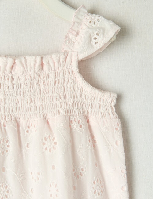 Teeny Weeny Embroidered Anglaise Woven Romper, Petal Pink product photo View 02 L