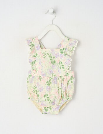 Teeny Weeny Violet Flower Woven Romper, Green product photo