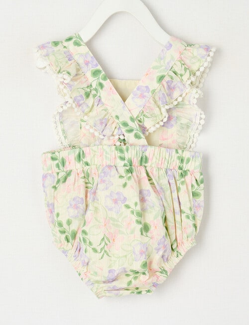 Teeny Weeny Violet Flower Woven Romper, Green product photo View 02 L