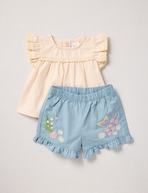 Teeny Weeny Woven Top & Denim Shorts Set, Pink product photo View 02 L