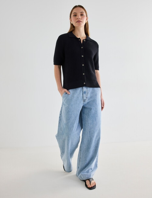 Mineral Mina Short Sleeve Knitwear Shirt, Black product photo View 06 L