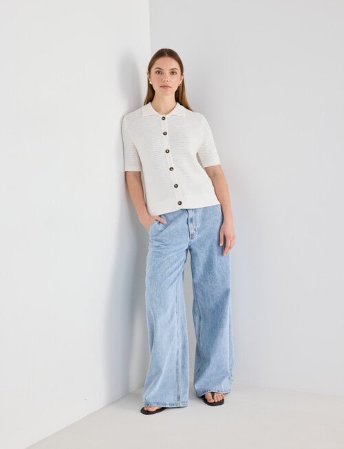 Mineral Mina Short Sleeve Knitwear Shirt, Cream product photo View 03 L