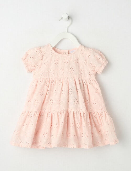 Teeny Weeny Puff-Sleeve Tiered Anglaise Dress, Pale Pink product photo