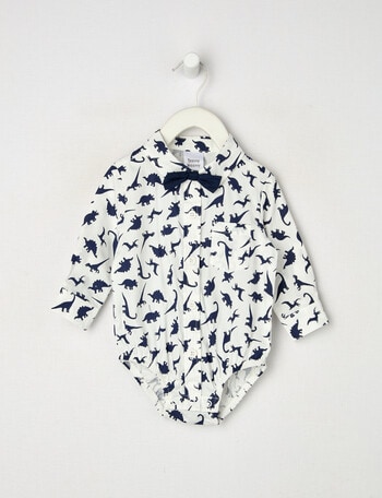 Teeny Weeny All Dressed Up Dino Long Sleeve Woven Body Suit, White & Navy product photo