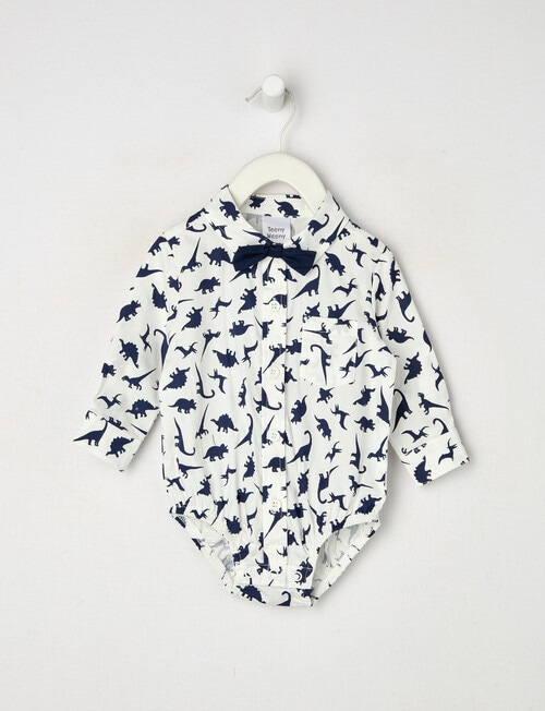 Teeny Weeny All Dressed Up Dino Long Sleeve Woven Body Suit, White & Navy product photo