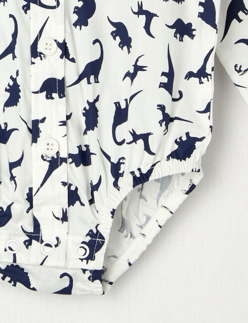 Teeny Weeny All Dressed Up Dino Long Sleeve Woven Body Suit, White & Navy product photo View 03 L