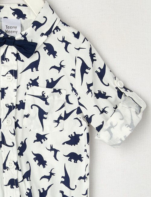 Teeny Weeny All Dressed Up Dino Long Sleeve Woven Body Suit, White & Navy product photo View 04 L