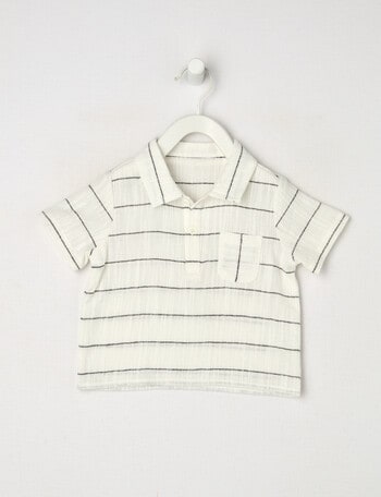 Teeny Weeny All Dressed Up Stripe Short Sleeve Woven Shirt, White & Charcoal product photo