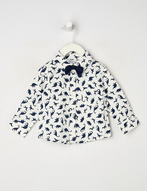 Teeny Weeny All Dressed Up Dino Long Sleeve Woven Shirt, White & Navy product photo