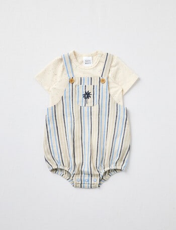 Teeny Weeny Stripe Linen Blend Body Suit & White Fleck Romper Two Piece Set, Cream product photo
