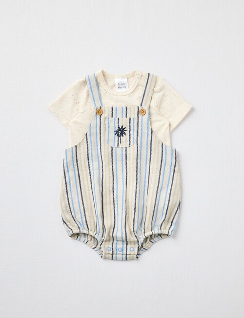 Teeny Weeny Stripe Linen Blend Body Suit & White Fleck Romper Two Piece Set, Cream product photo