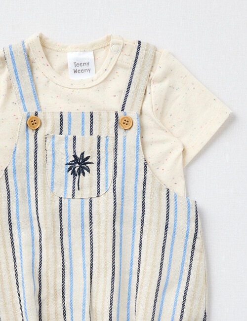 Teeny Weeny Stripe Linen Blend Body Suit & White Fleck Romper Two Piece Set, Cream product photo View 02 L