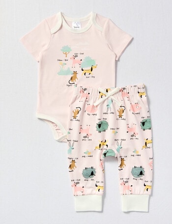 Teeny Weeny Animals Kiwiana Short-Sleeve Bodysuit & Pant 2-Piece Set, Pink product photo