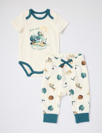 Teeny Weeny Kia Ora Kiwiana Short-Sleeve Bodysuit & Pant Set, 2-Piece, Cream product photo