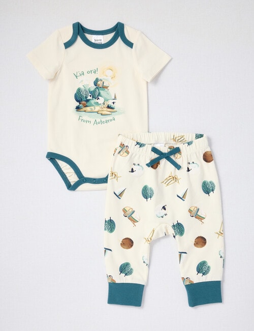 Teeny Weeny Kia Ora Kiwiana Short-Sleeve Bodysuit & Pant Set, 2-Piece, Cream product photo