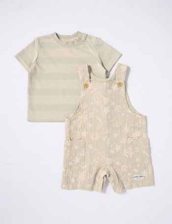 Teeny Weeny Striped Tee & Safari Cheese Cloth Shortall, 2-Piece Set, Sage product photo