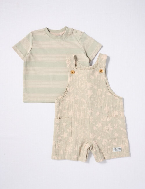 Teeny Weeny Striped Tee & Safari Cheese Cloth Shortall, 2-Piece Set, Sage product photo