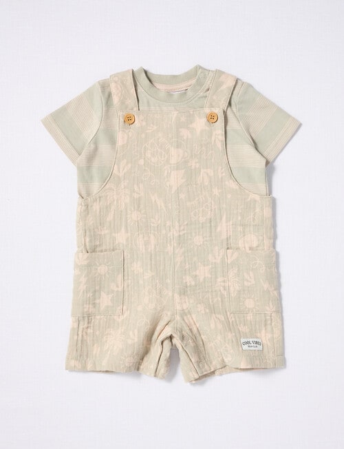 Teeny Weeny Striped Tee & Safari Cheese Cloth Shortall, 2-Piece Set, Sage product photo View 02 L