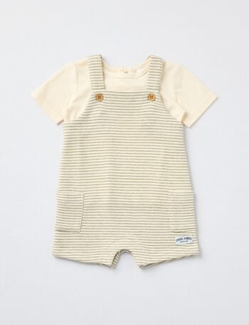 Teeny Weeny Stripe Shortall & Tee Two Piece Set, Taupe product photo
