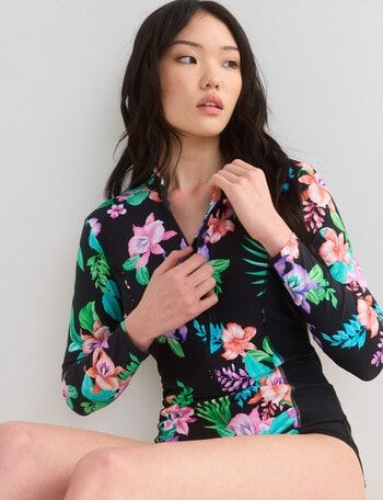 Zest Swimwear Tropical Hibiscus Surf Suit, Black product photo
