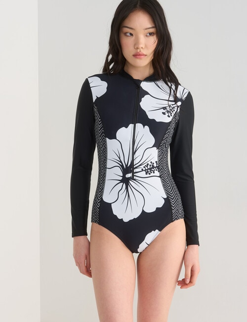 Zest Swimwear Hibiscus Surf Suit, Black & White product photo