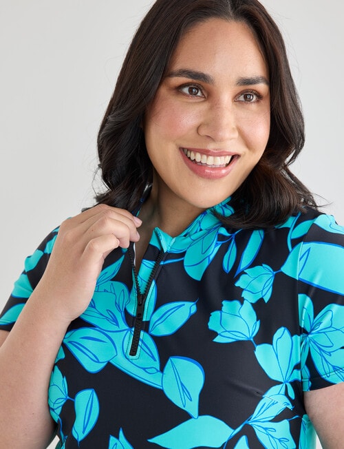 Zest Resort Curve Floral Zip Through V-Neck Rashie, Black & Aqua product photo