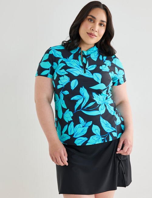 Zest Resort Curve Floral Zip Through V-Neck Rashie, Black & Aqua product photo View 04 L
