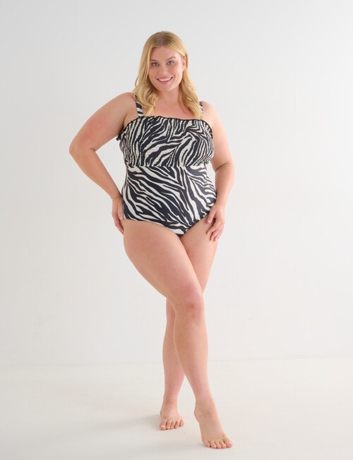 Zest Resort Curve Animal Print Smocked Bodice Suit, Black & White product photo