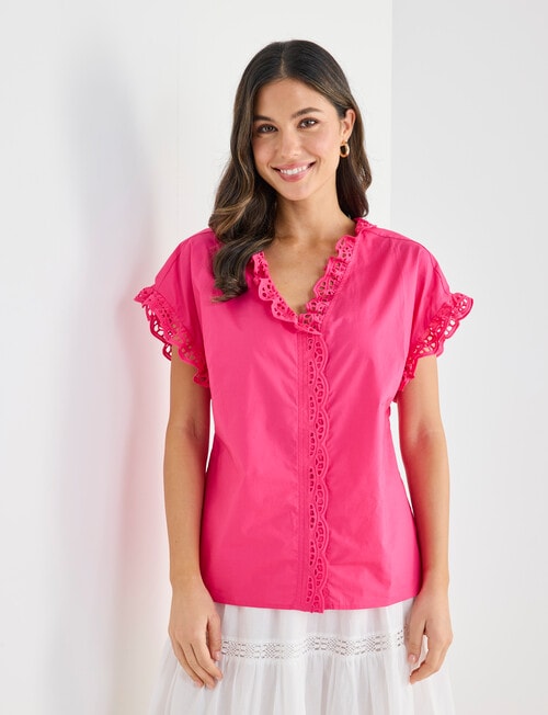 Whistle Cotton Poplin Lace Top, Hot Pink product photo View 05 L
