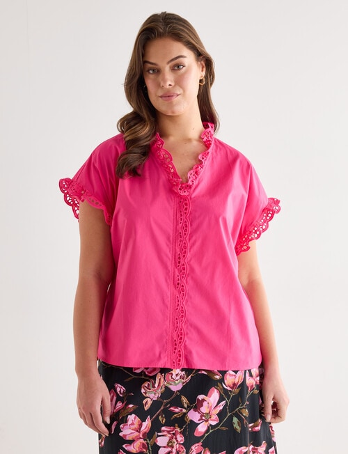 Whistle Cotton Poplin Lace Top, Hot Pink product photo View 12 L