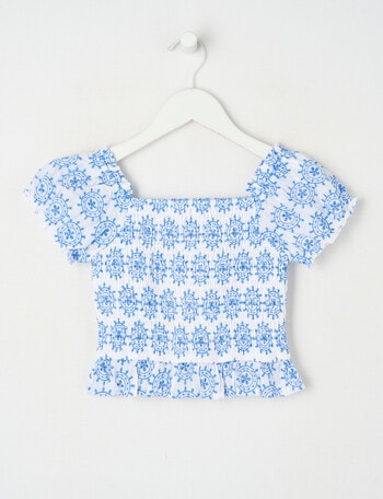 Mac & Ellie Shirred Broderie Top, White & Cobalt product photo