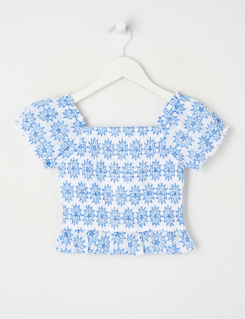 Mac & Ellie Shirred Broderie Top, White & Cobalt product photo