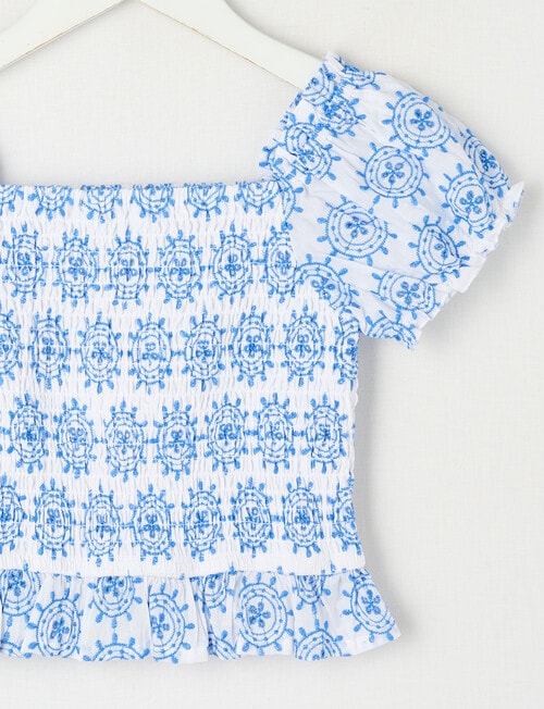 Mac & Ellie Shirred Broderie Top, White & Cobalt product photo View 02 L