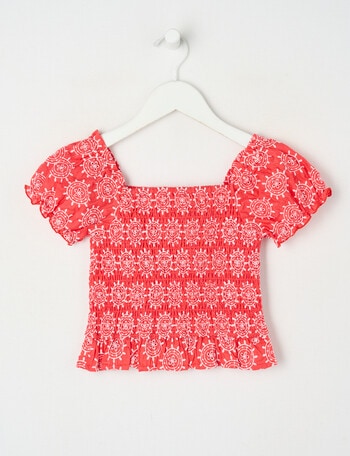 Mac & Ellie Shirred Broderie Top, Cherry Red & White product photo