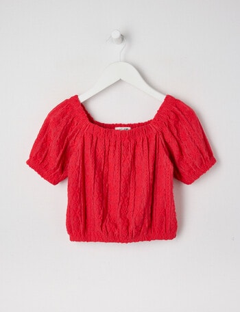 Mac & Ellie Short Sleeve Broderie Puff Sleeve Top, Cherry Red product photo
