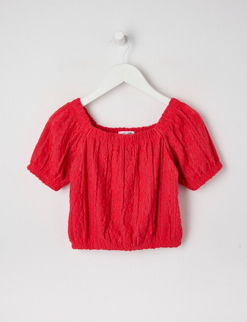 Mac & Ellie Short Sleeve Broderie Puff Sleeve Top, Cherry Red product photo