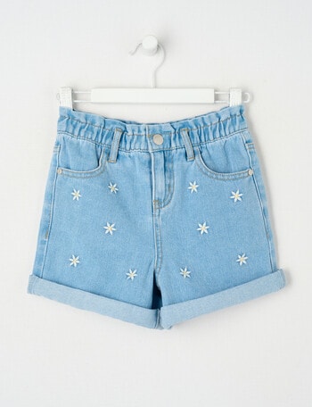 Mac & Ellie Embroidered Daisy Paperbag Waist Short, Light Blue product photo