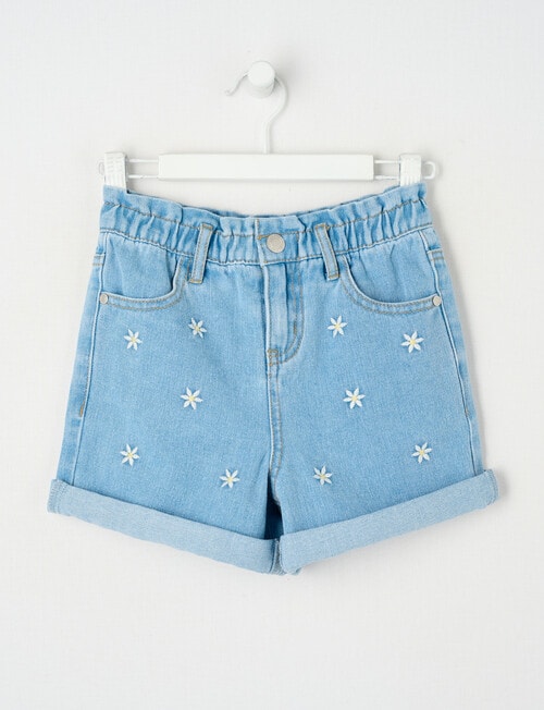 Mac & Ellie Embroidered Daisy Paperbag Waist Short, Light Blue product photo